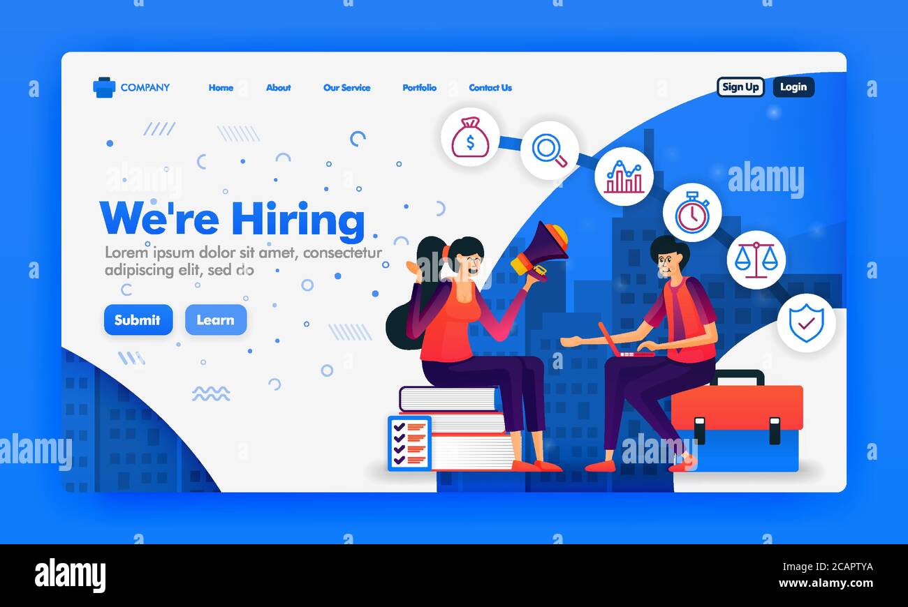 Bannière ou page d'arrivée pour recruter des employés ou nous embauchons des concepts de conception. Illustration d'un entretien avec un chercheur d'emploi. Peut être utilisé pour la page d'arrivée, W Illustration de Vecteur