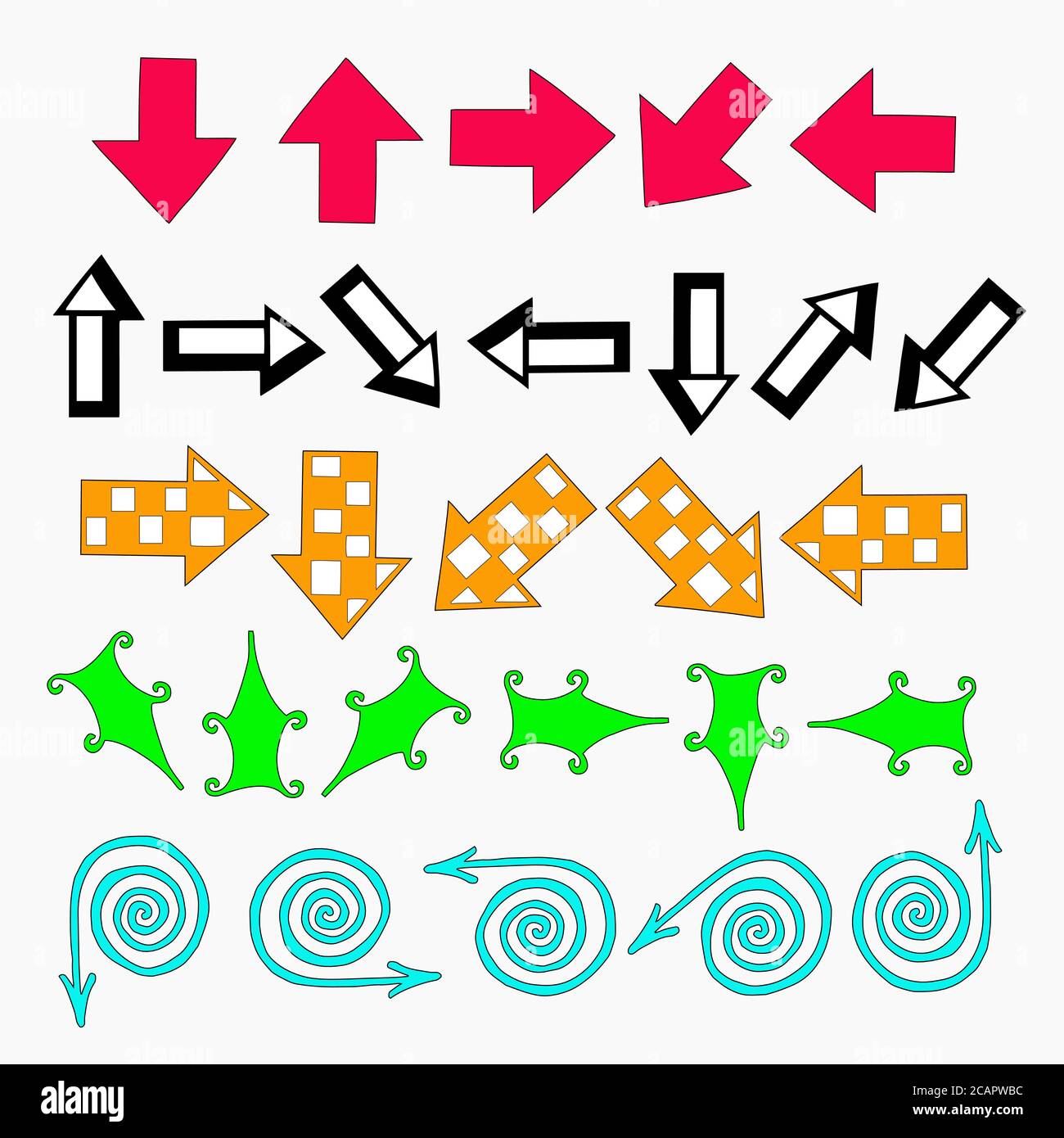 Ensemble de flèches multicolores de formes différentes dans différentes directions pour la conception de sites Web, articles, bannières et modèles. Illustration de Vecteur