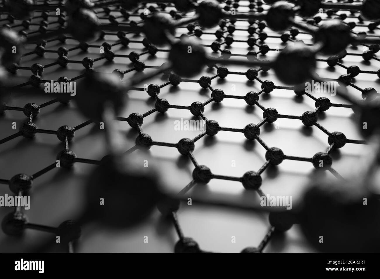 Rendu 3D des feuilles de graphène sur une surface métallique blanche Banque D'Images