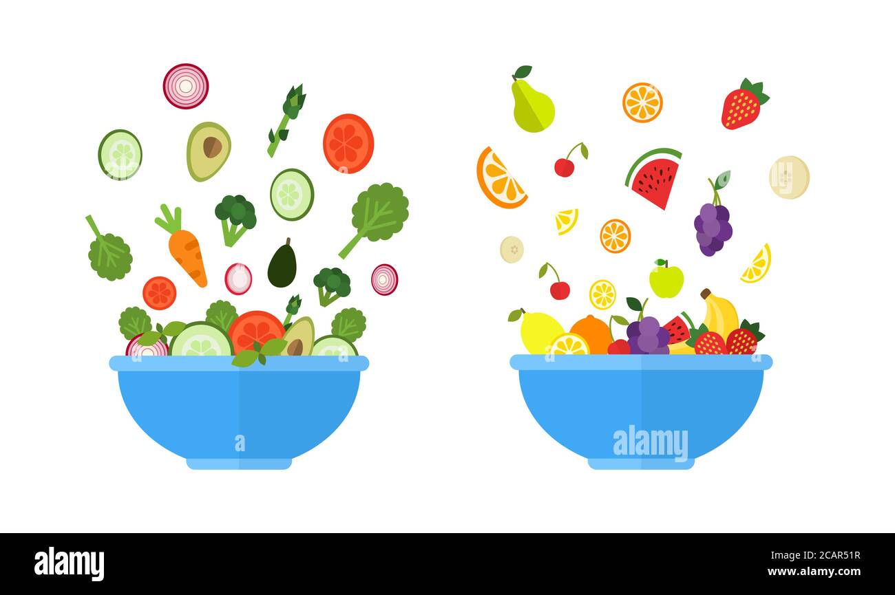 Bol à légumes. Bol à fruits. Salade de légumes frais et de fruits dans des bols bleus. Concept de nourriture biologique dans un style plat. Illustration vectorielle. Illustration de Vecteur