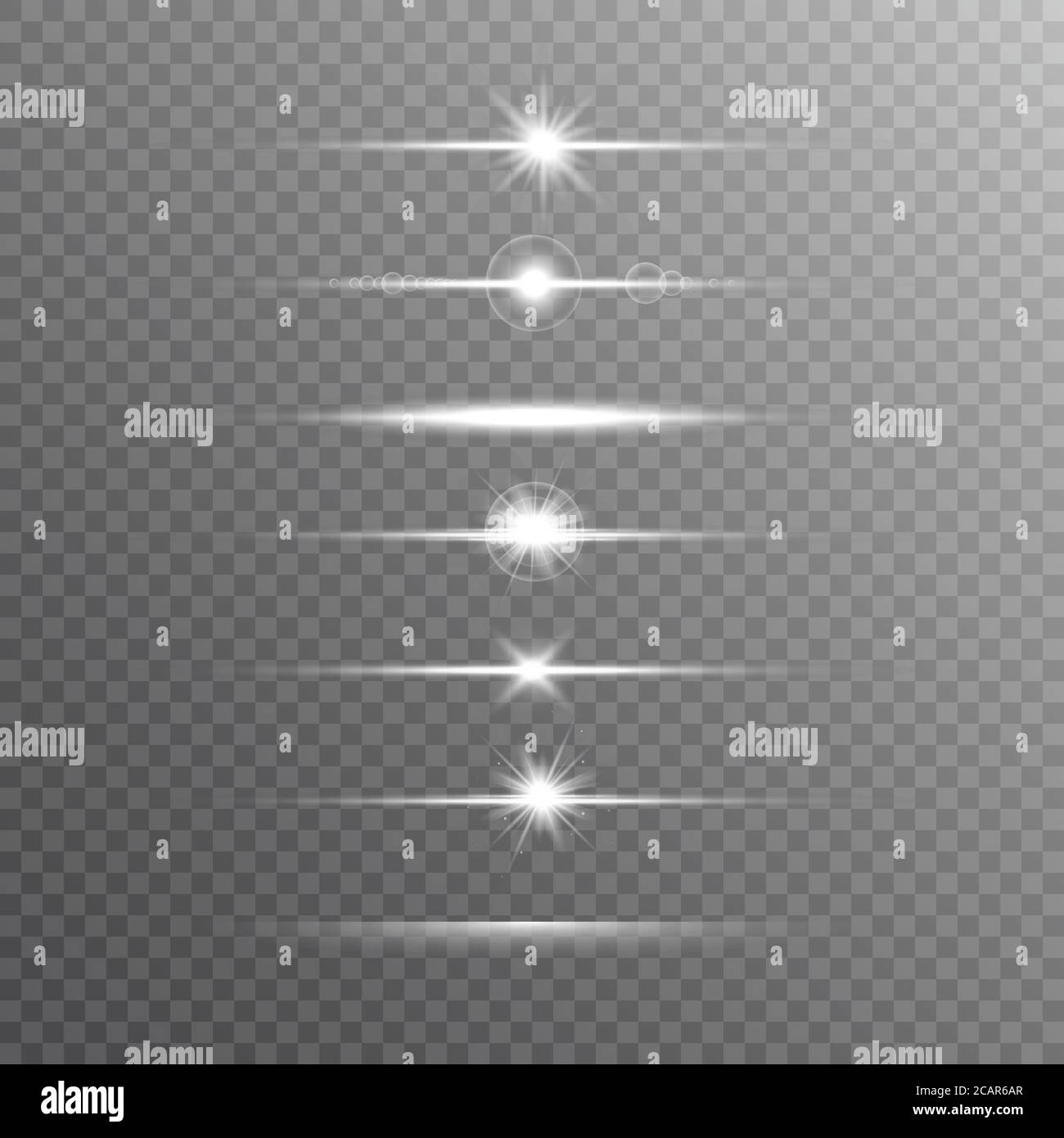 Ligne lumineuse sur fond transparent. Poutres brillantes. Jeu d'évasements réalistes. Flash avec rayons et projecteur. Des lumières, des étoiles et des étincelles. Illustration de Vecteur
