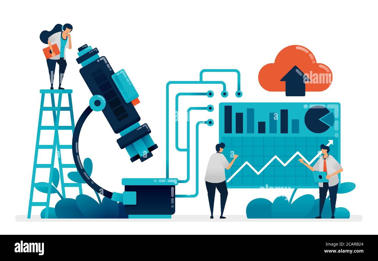 Médecins et scientifiques font des recherches au microscope. Analyser les résultats statistiques en laboratoire à l'hôpital et à la clinique. Apprenez la chimie, la physique, la biologie. Illus Illustration de Vecteur