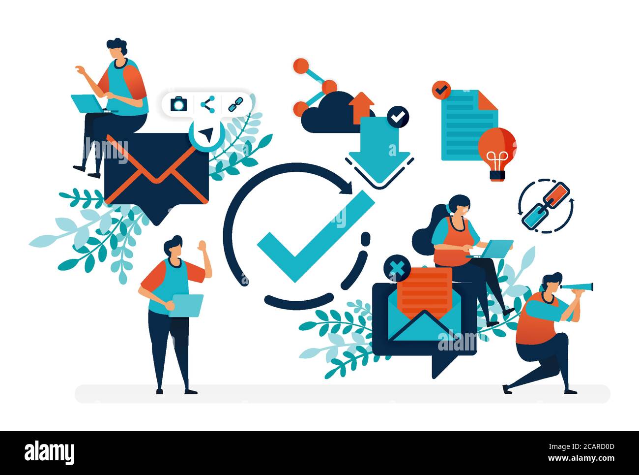 Lisez l'e-mail vérifié Vérifiez le symbole de cercle pour recevoir et répondre aux messages.cochez simplement l'illustration du vecteur de symbole pour la page d'arrivée, le Web, la bannière et le modèle Illustration de Vecteur