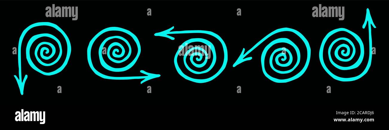 Ensemble de flèches de figure bleues sous forme de tourbillons dans différentes directions sur fond noir pour la conception de sites Web, articles, bannières et modèles. Illustration de Vecteur