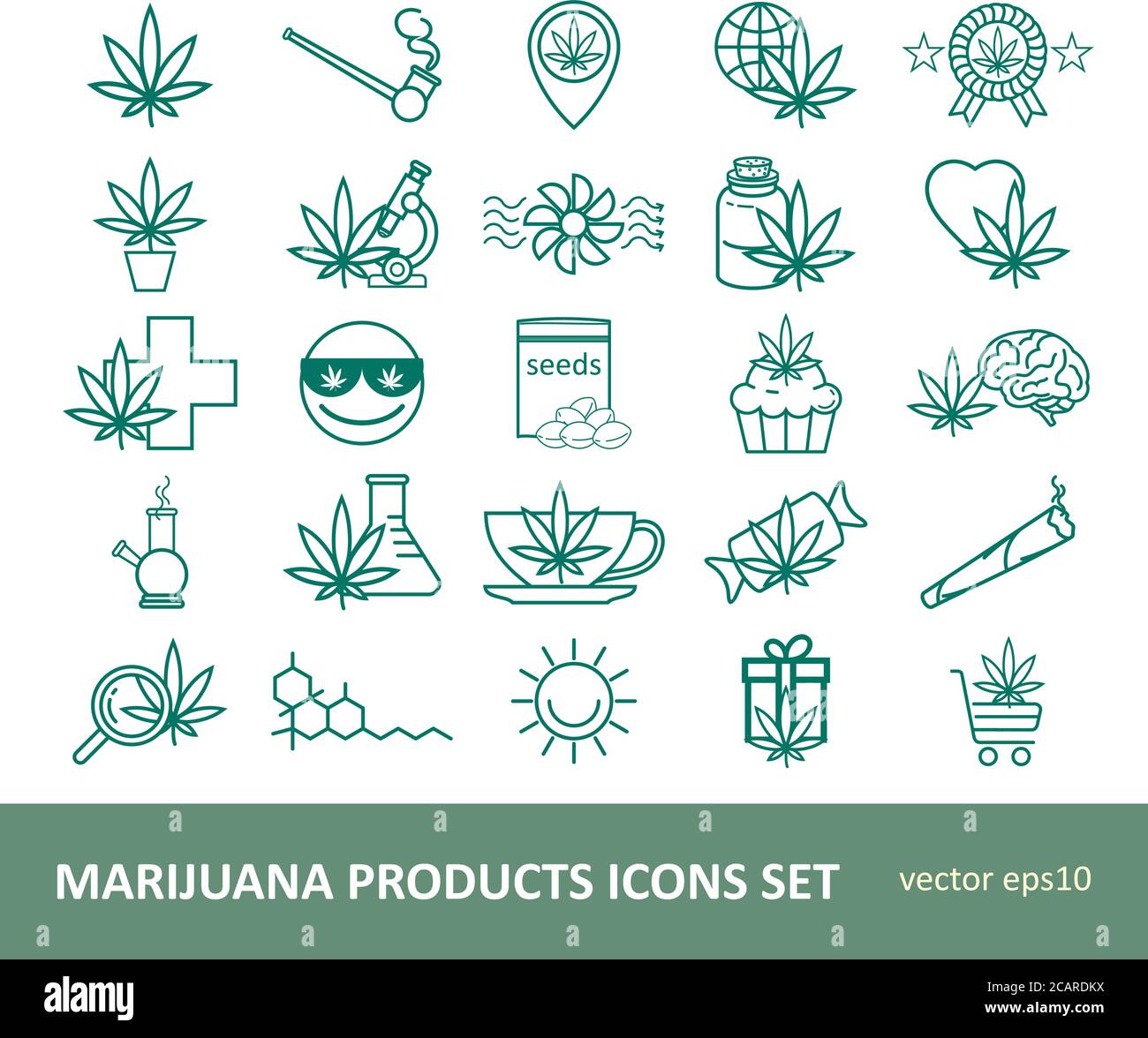 Kit d'icônes de produits de marijuana. Ensemble d'icônes de cannabis. Icônes linéaires du cannabidiol. Pictogrammes pour la page Web, l'application mobile, la promotion. Illustration de Vecteur