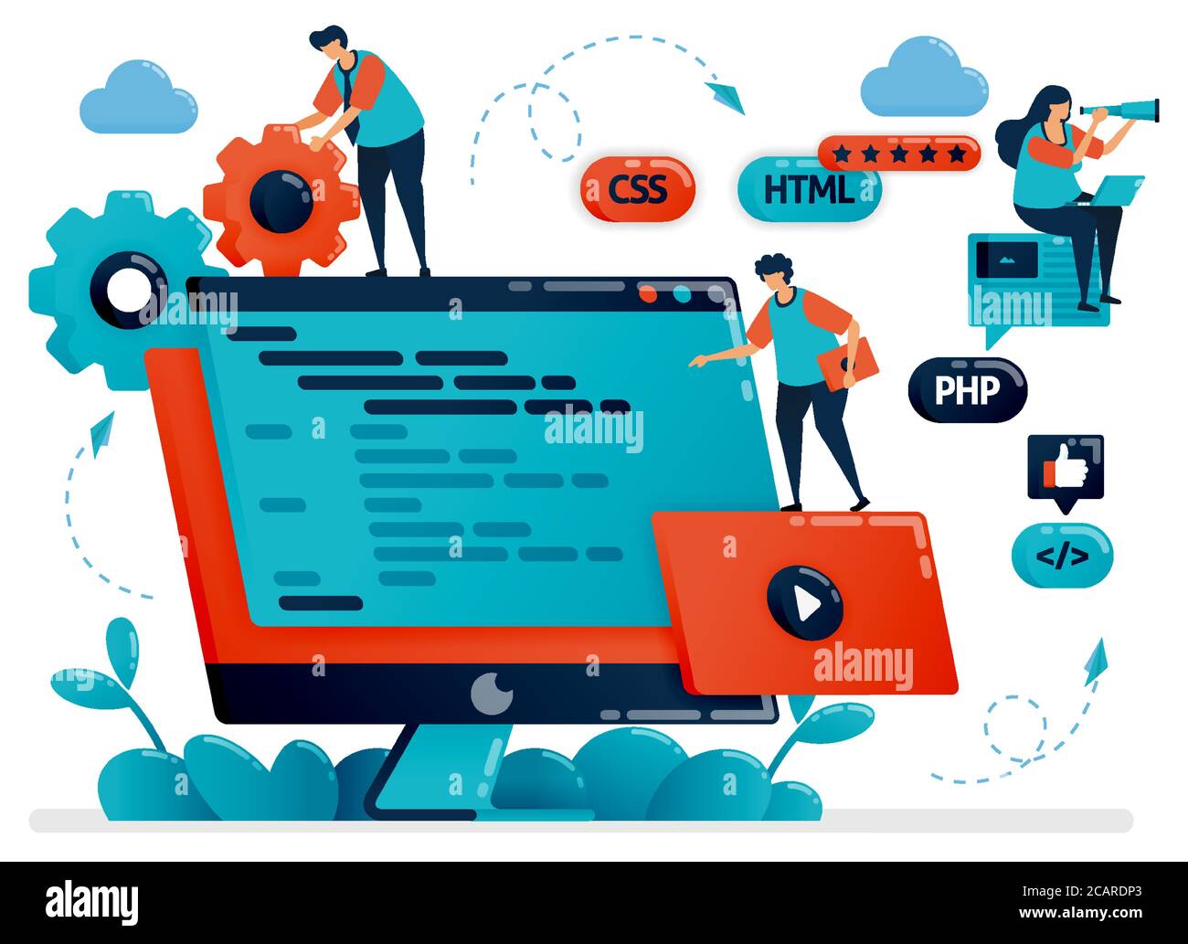 Conception de programmes, Web, applications sur écran de moniteur ou bureau. Travail d'équipe dans le développement de la programmation. Processus de développement de débogage. Illustration vectorielle pour Illustration de Vecteur