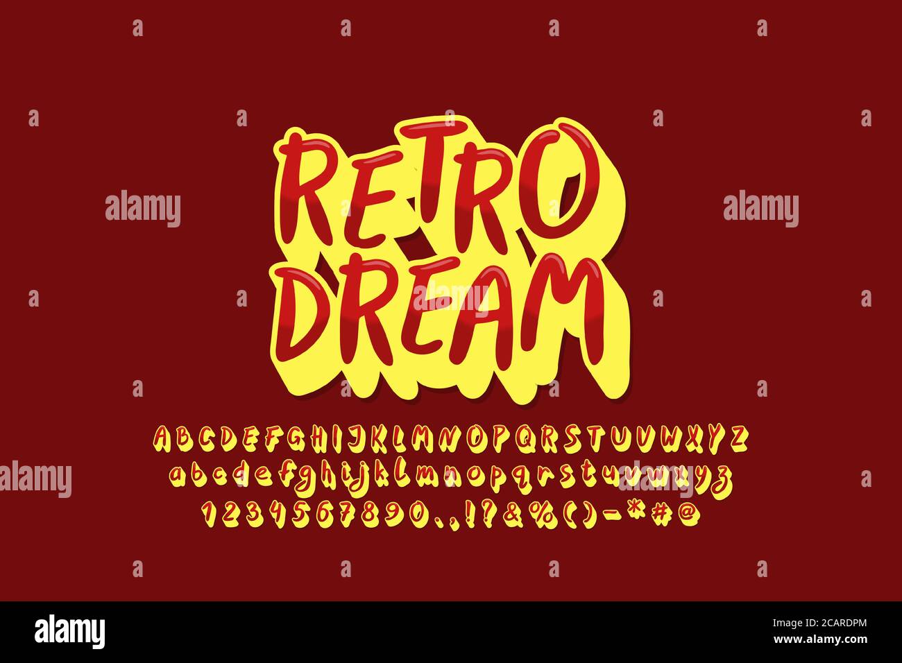 Alphabet rétro. Police vectorielle manuscrite, majuscules et minuscules, chiffres. Typographie stylisée vintage. Couleurs rouge et jaune. Illustration de Vecteur