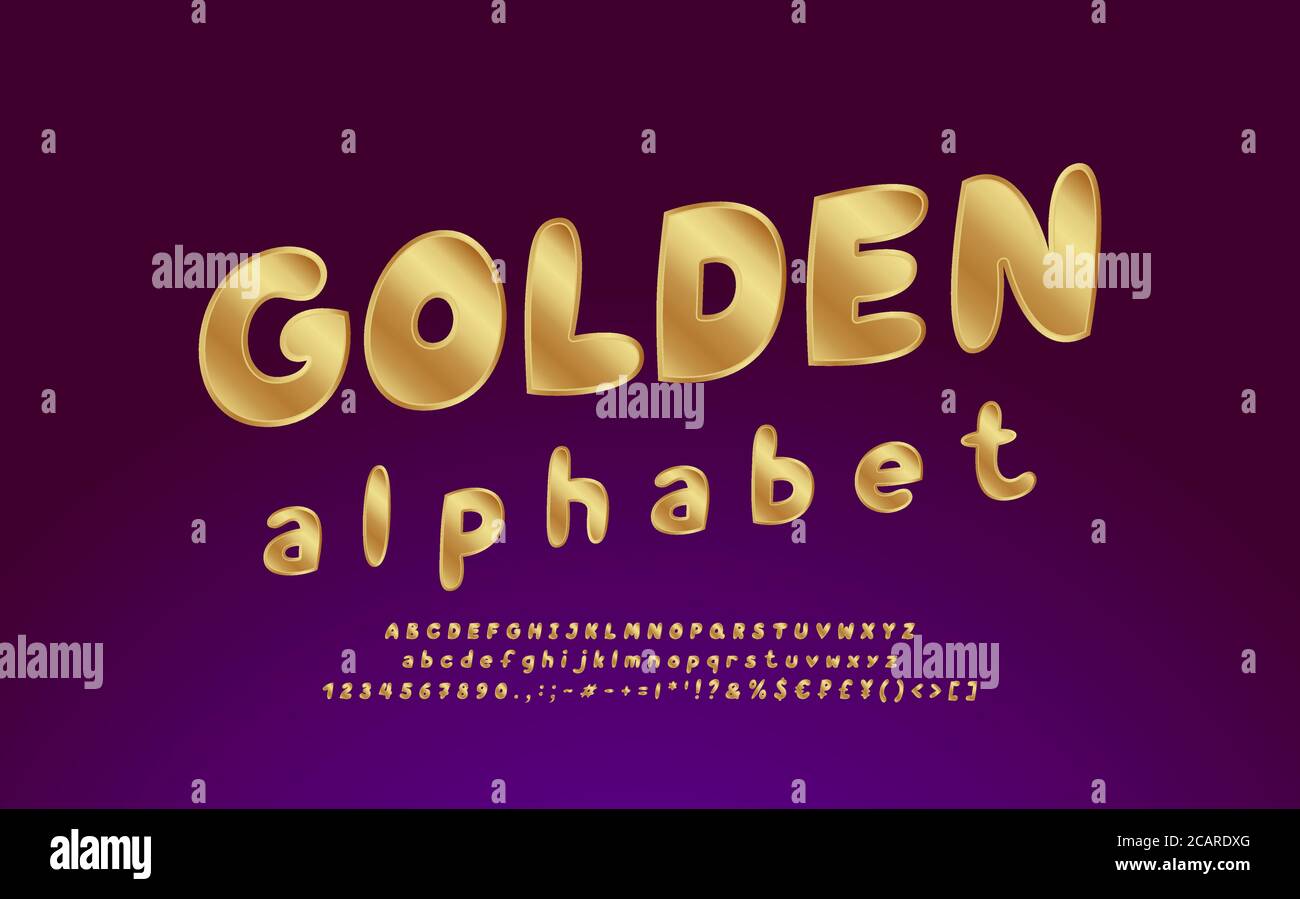 Alphabet doré. Police vectorielle élégante, majuscules et minuscules, chiffres, signes de ponctuation, symboles de devises. Fond de dégradé violet foncé. Illustration de Vecteur