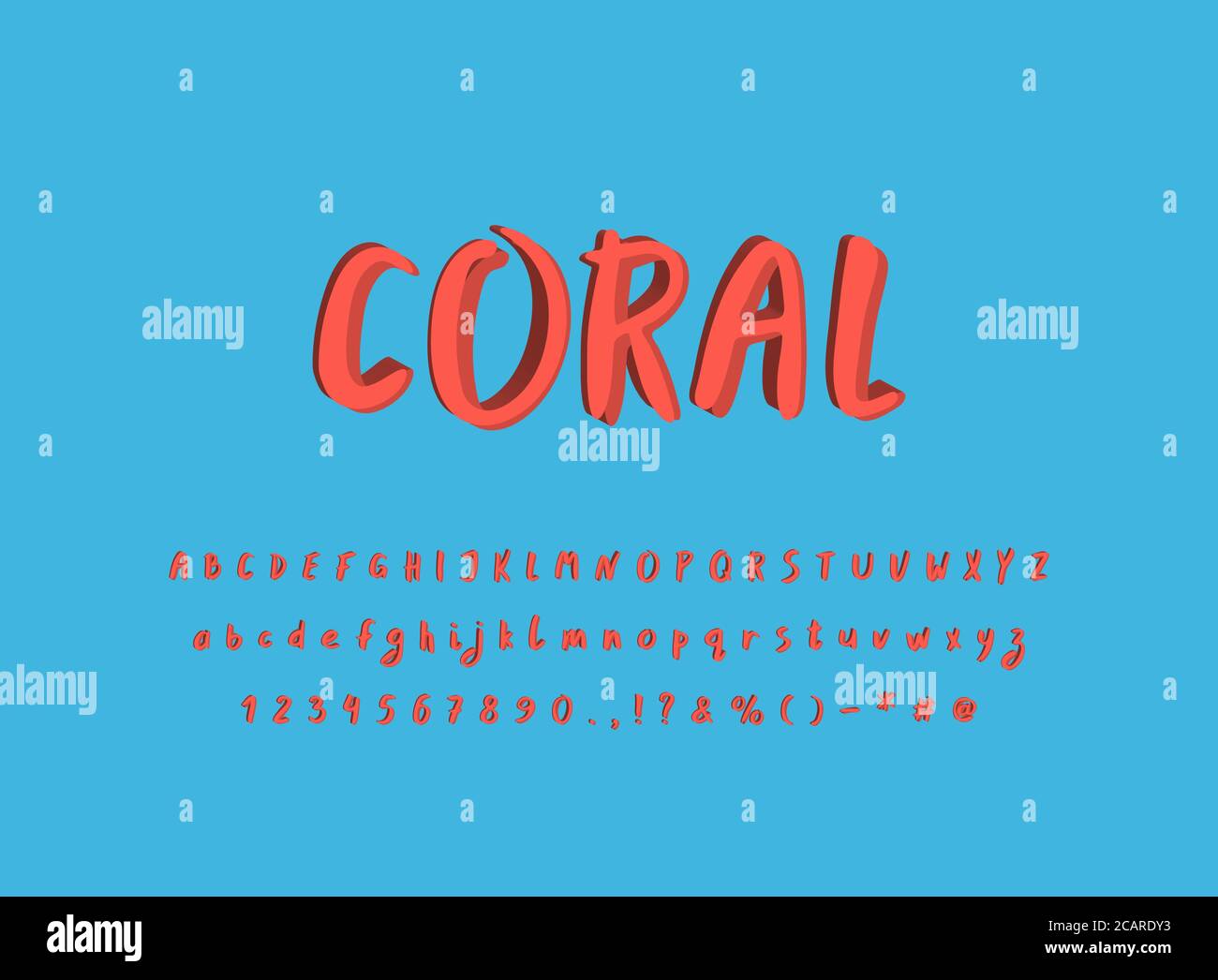 Lettres modernes aux couleurs corail sur fond bleu océan. Art typographie pinceau police, majuscules et minuscules, chiffres. Vecteur illus Illustration de Vecteur