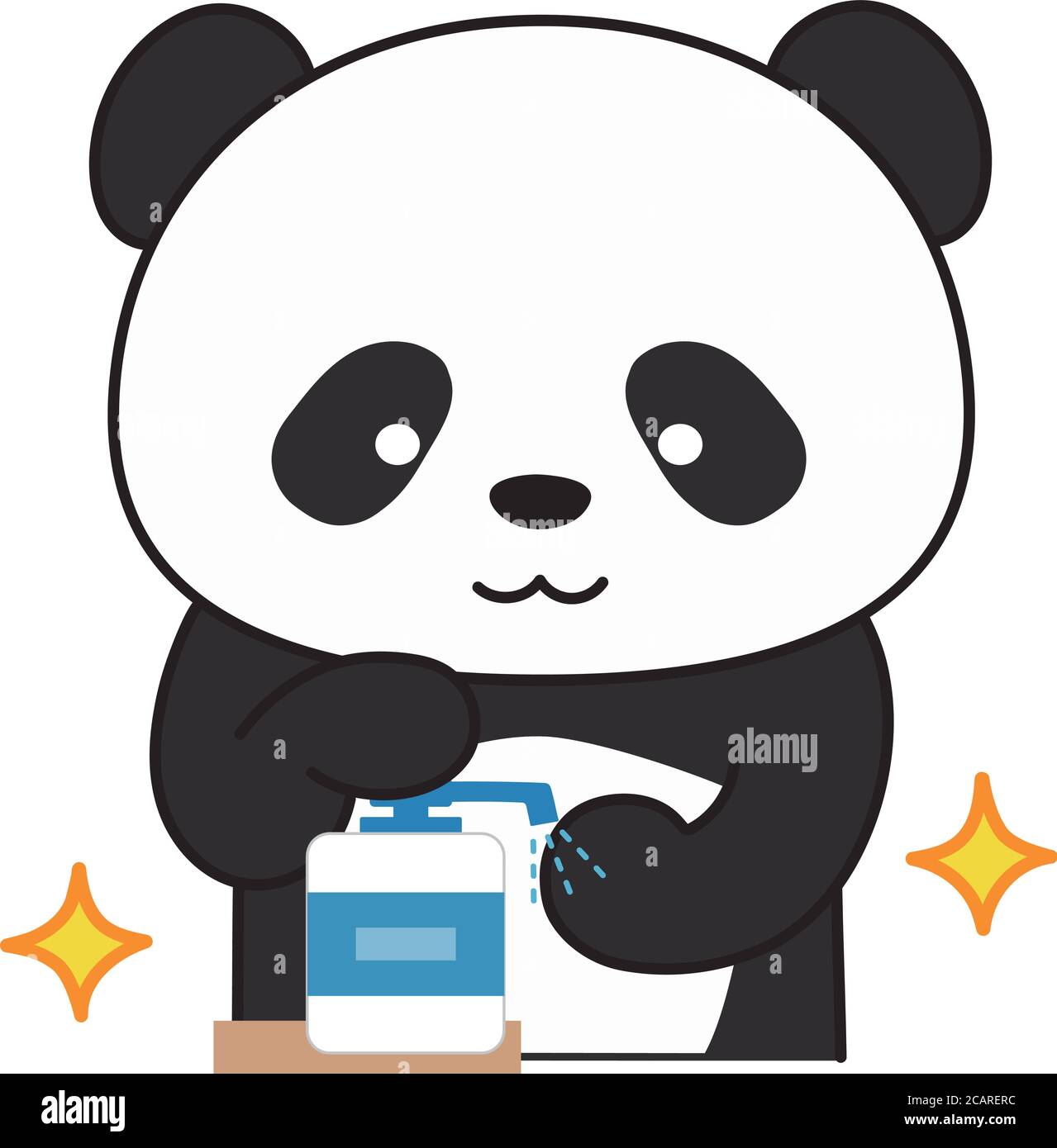 Panda géant se lavant les mains à l'aide d'un désinfectant pour les mains. Illustration vectorielle isolée sur fond blanc. Illustration de Vecteur
