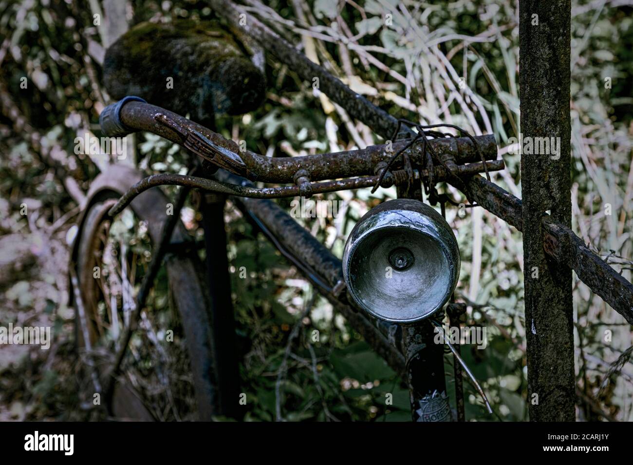 détail d'une vieille bicyclette abandonnée penchée contre la clôture avec désaturée effet Banque D'Images