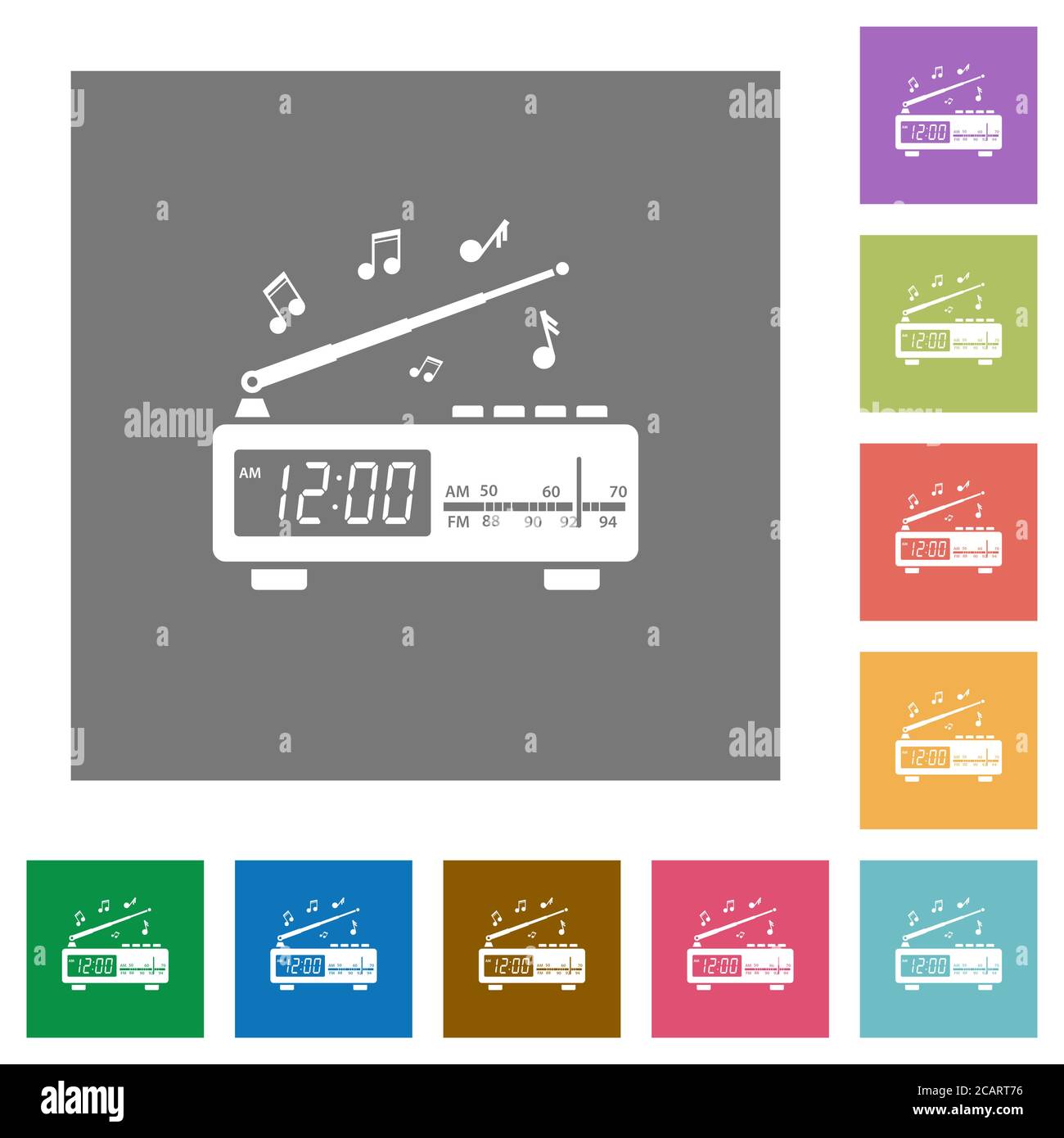 Radio-réveil vintage avec icônes plates de musique sur fond carré de couleur simple Illustration de Vecteur