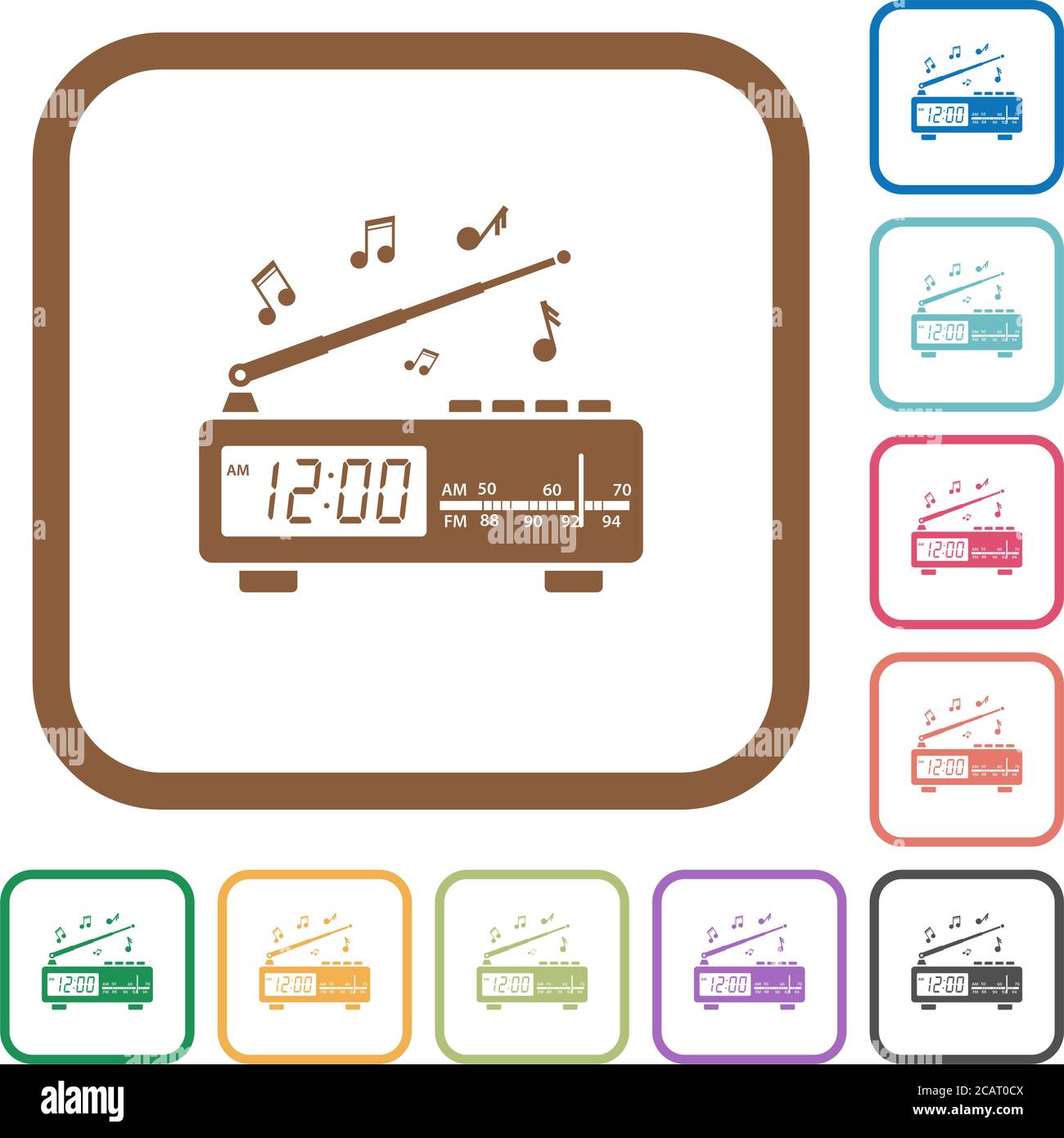 Radio-réveil vintage avec musique icônes simples dans des cadres carrés ronds de couleur sur fond blanc Illustration de Vecteur