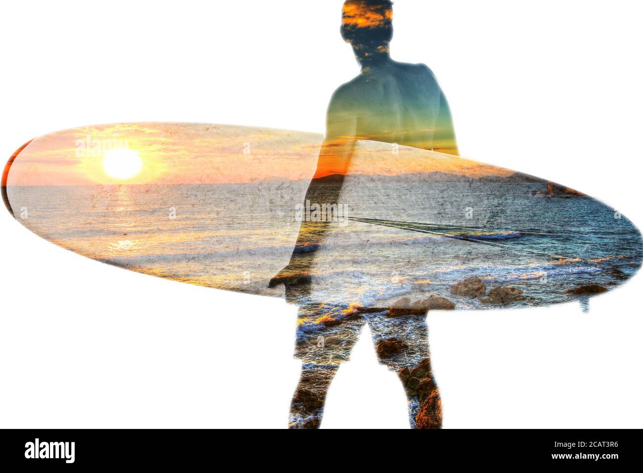 surfer et coucher de soleil en double exposition Banque D'Images