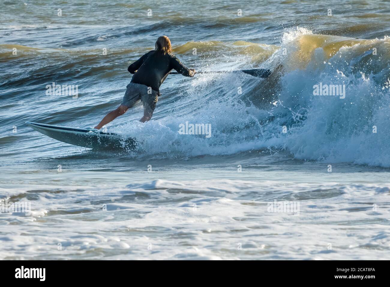 Paddleboarder surfant sur une vague à Jacksonville Beach, dans le nord-est de la Floride. (ÉTATS-UNIS) Banque D'Images