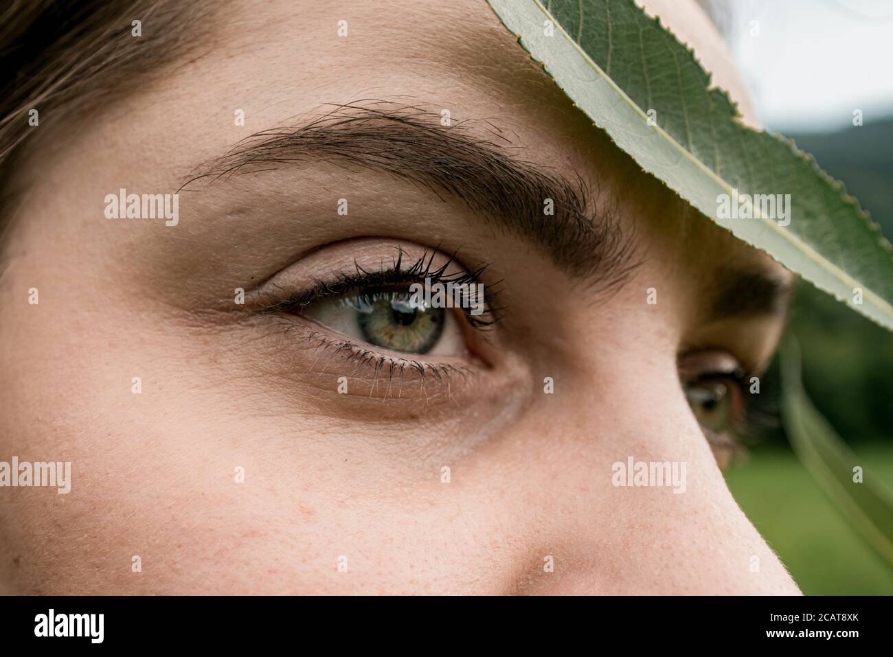 femme yeux couverts de feuille dans la nature concept de masque covid-19 Banque D'Images