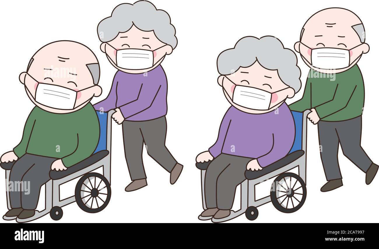 Personnes âgées souriantes avec masque dans un fauteuil roulant 