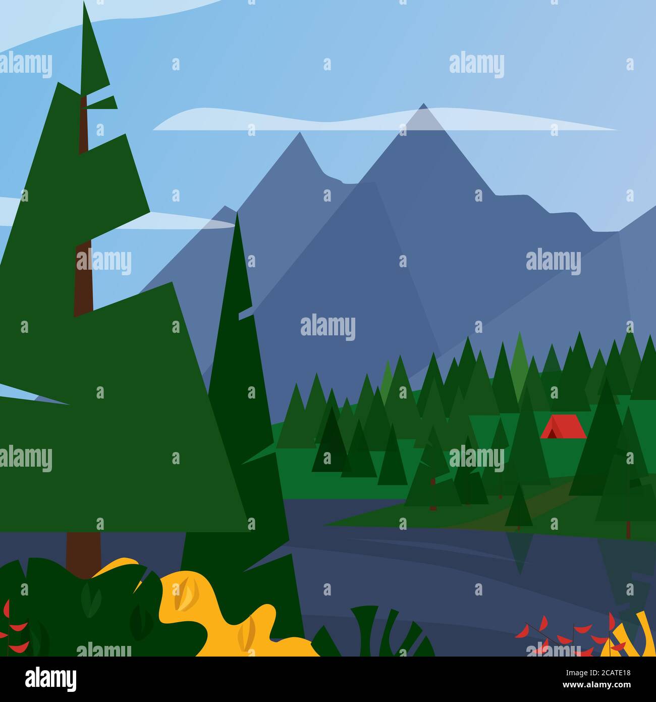 Illustration vectorielle d'un paysage avec des arbres verts, des plantes rouges et jaunes, une rivière ou un lac et un camping avec une tente. Illustration de Vecteur