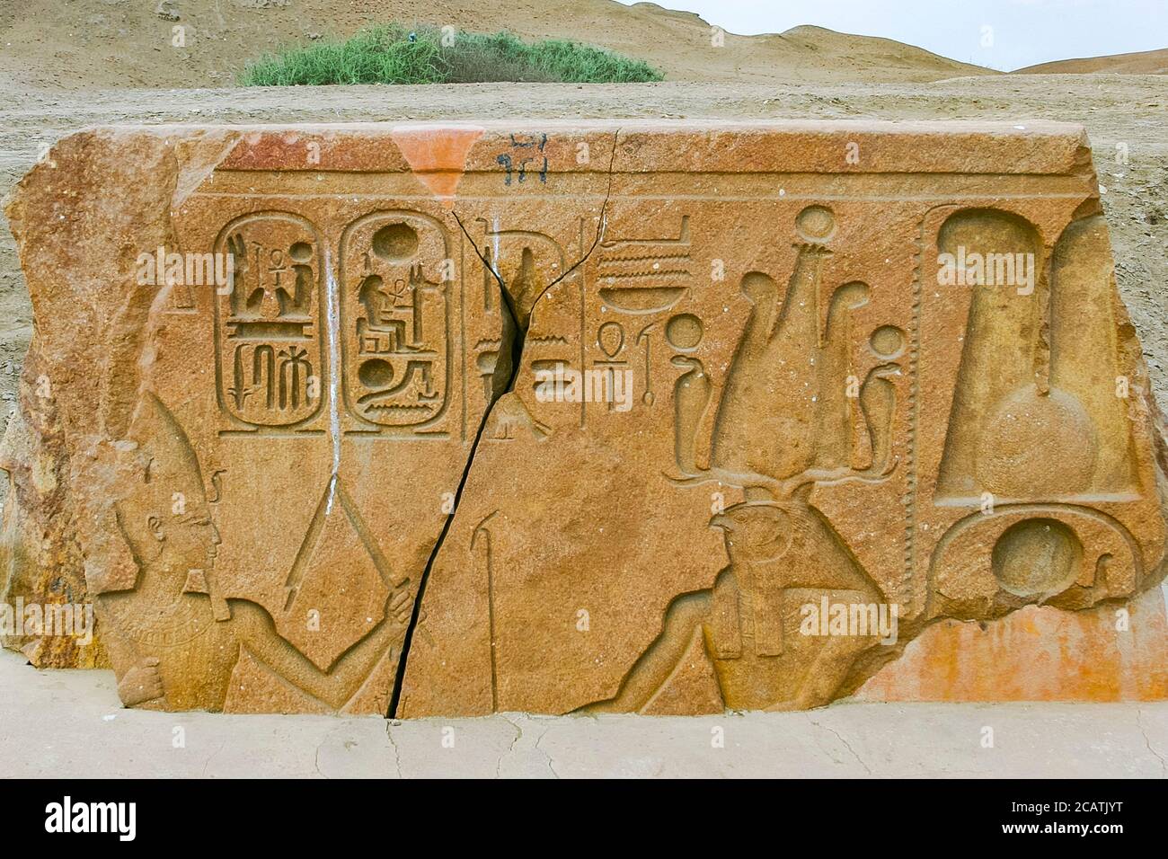 Égypte, Delta du Nil, Tanis, soulagement sur la voie processionnelle moderne jusqu'au temple : Ramses court devant le dieu Horakhty. Banque D'Images