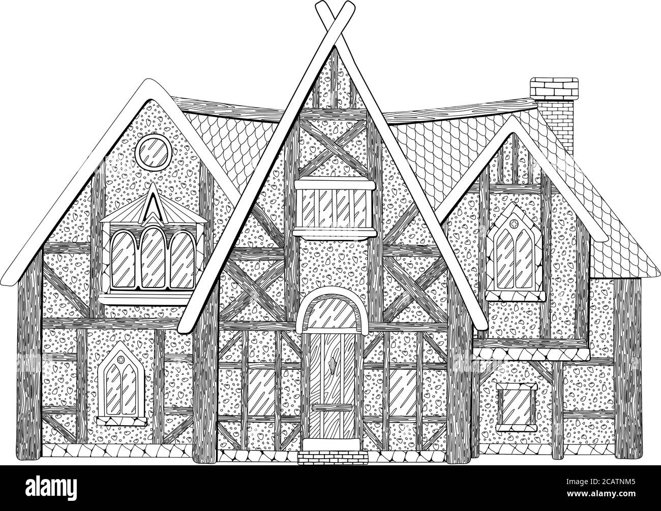 Belle page de livre de coloriage avec bâtiment médiéval détaillé sur fond blanc Illustration de Vecteur