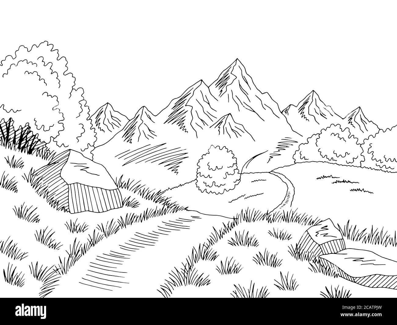 Schéma de route de montagne noir blanc paysage dessin vecteur d'illustration Illustration de Vecteur