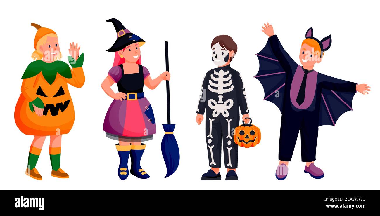 Enfants en costumes d'Halloween de sorcière, chauve-souris, squelette et citrouille. Illustration de personnages de dessin animé à plan vectoriel pour garçons et filles. Les enfants adorables célèbrent l'holida Illustration de Vecteur