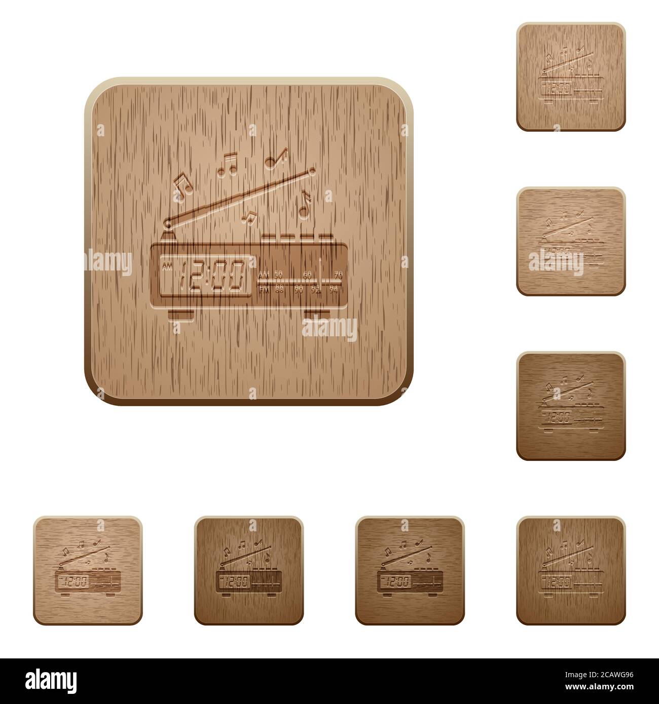 Radio-réveil vintage avec musique sur des boutons carrés ronds sculptés en bois Illustration de Vecteur