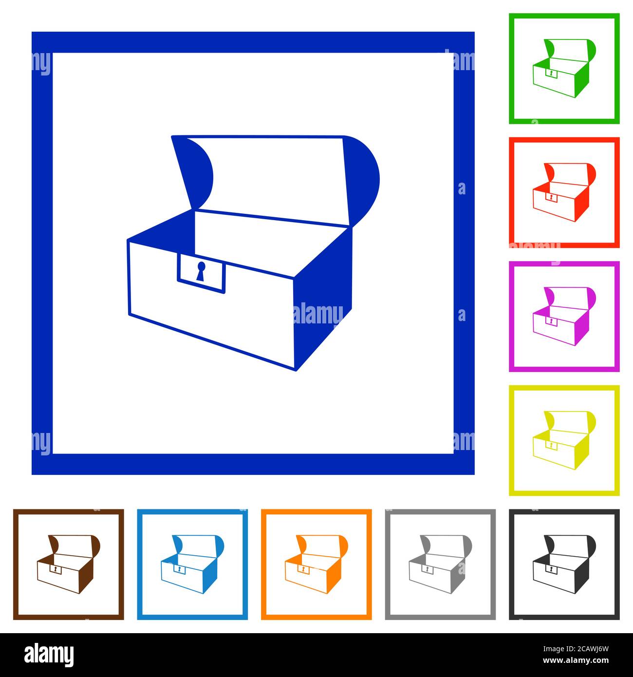 Vider les icônes de couleur plate du coffre ouvert dans des cadres carrés sur fond blanc Illustration de Vecteur