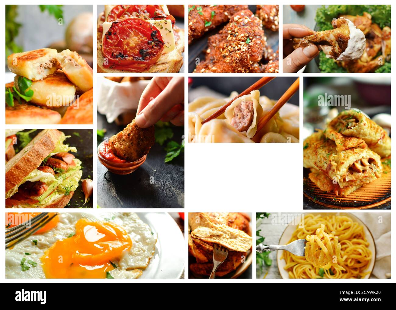Divers plats savoureux en gros plan. Collage alimentaire. Assortiment et menu. Espace libre pour le texte. Banque D'Images