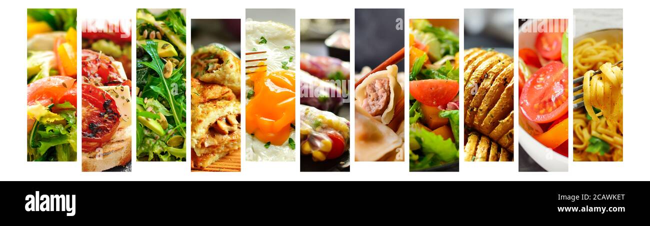 Divers plats savoureux en gros plan. Collage alimentaire. Assortiment et menu. Espace libre pour le texte. Banque D'Images