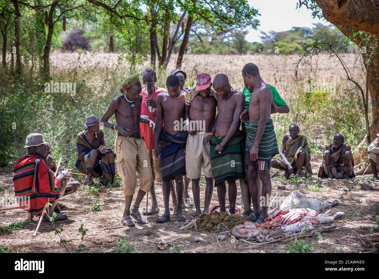 Un groupe d'hommes debout pendant un rite agricole parmi les Karamojong, district de Moroto, Ouganda Banque D'Images