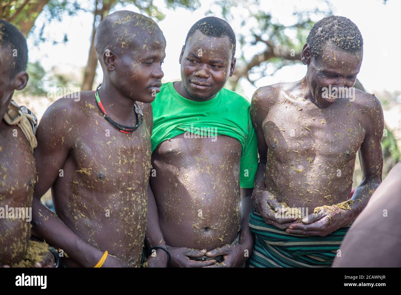 Des hommes bénis avec la vache cud lors d'un rite agricole parmi les Karamojong, district de Moroto, Ouganda Banque D'Images