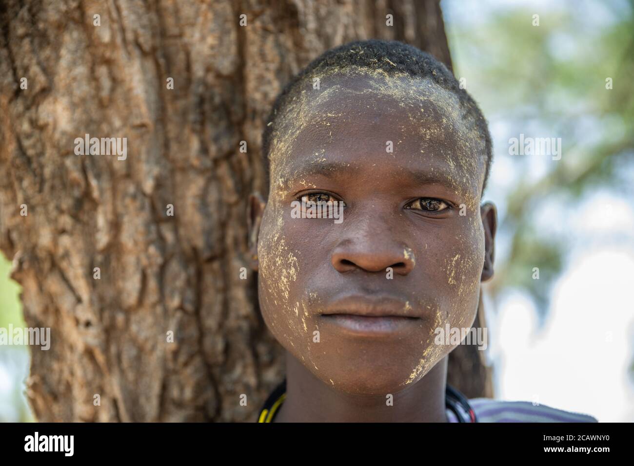 Jeune homme béni avec la vache cud lors d'un rite agricole parmi les Karamojong, district de Moroto, Ouganda Banque D'Images