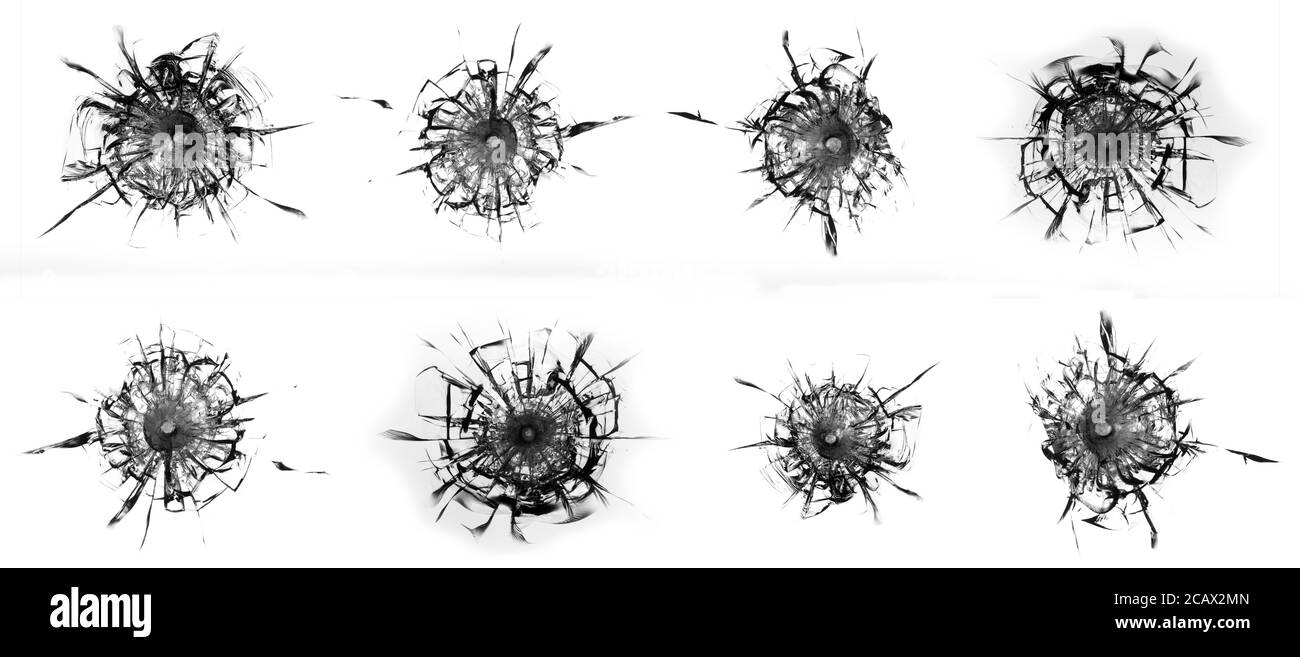 Jeu de fissures et de éclats de verre cassé sur fond blanc. Abstraction de collage avec texture de fenêtre fissurée. Trous des plans dans la vitre. Banque D'Images