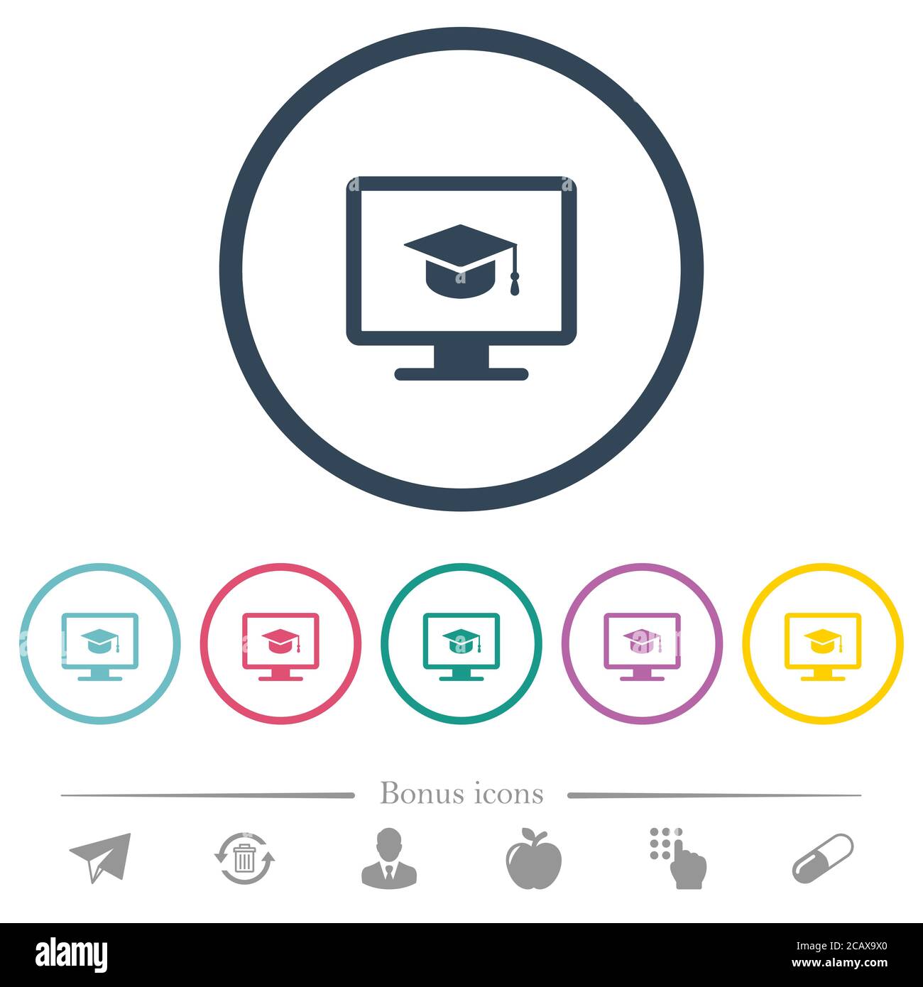 Séminaire en ligne sur les icônes de couleur plate du moniteur dans des contours ronds. 6 icônes bonus incluses. Illustration de Vecteur