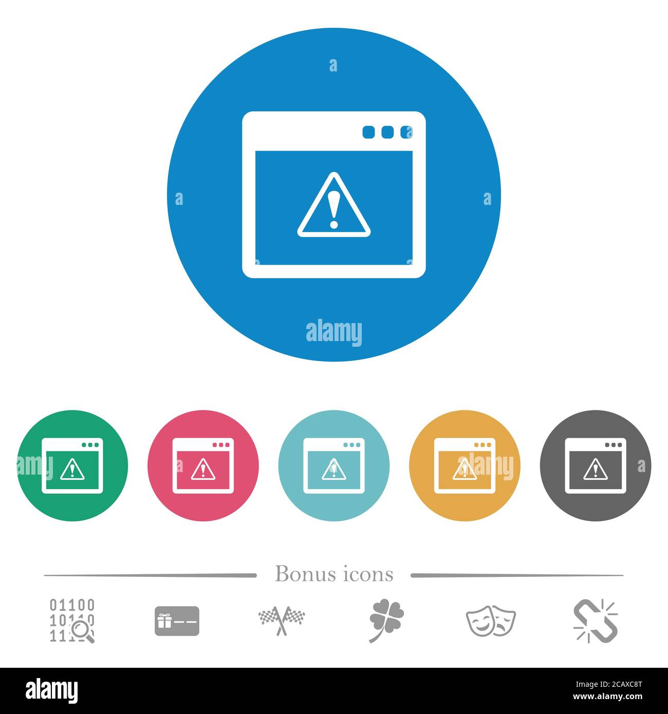 Avertissement d'application icônes blanches plates sur des arrière-plans de couleur ronde. 6 icônes bonus incluses. Illustration de Vecteur