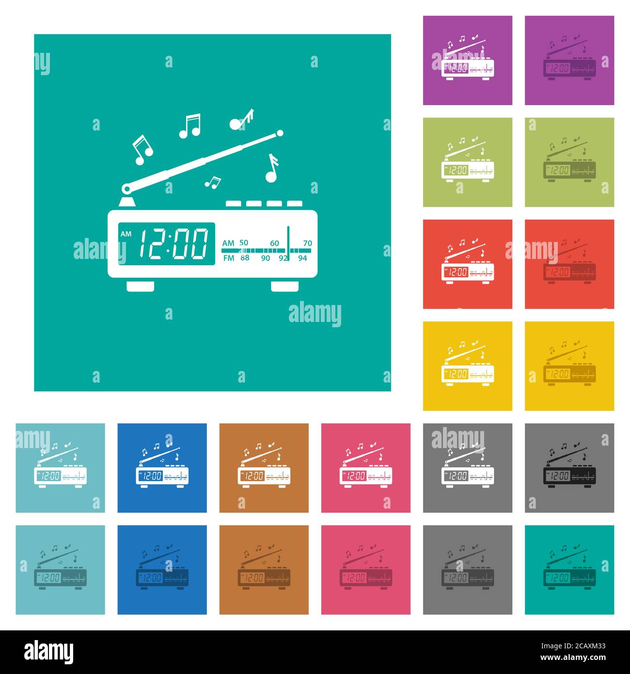 Radio-réveil vintage avec icônes plates multicolores sur fond carré Uni. Variantes d'icône blanche et plus foncée incluses pour les valeurs de vol stationnaire ou d'eff. Active Illustration de Vecteur