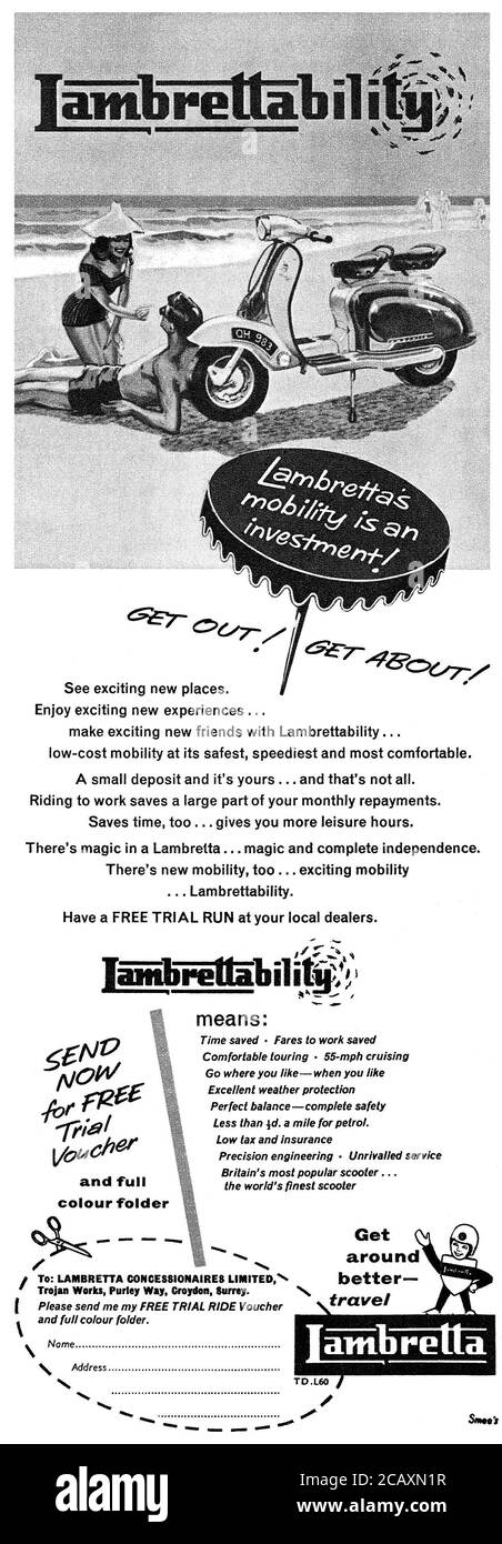 1960 publicité britannique pour les scooters Lambretta. Banque D'Images