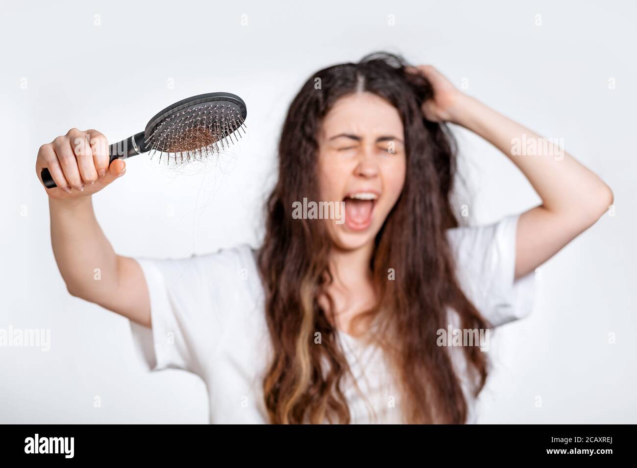 Une femme crie et tient un peigne avec une fart de cheveux tirés. Arrière-plan blanc. Concept de soins et de perte de cheveux. Banque D'Images