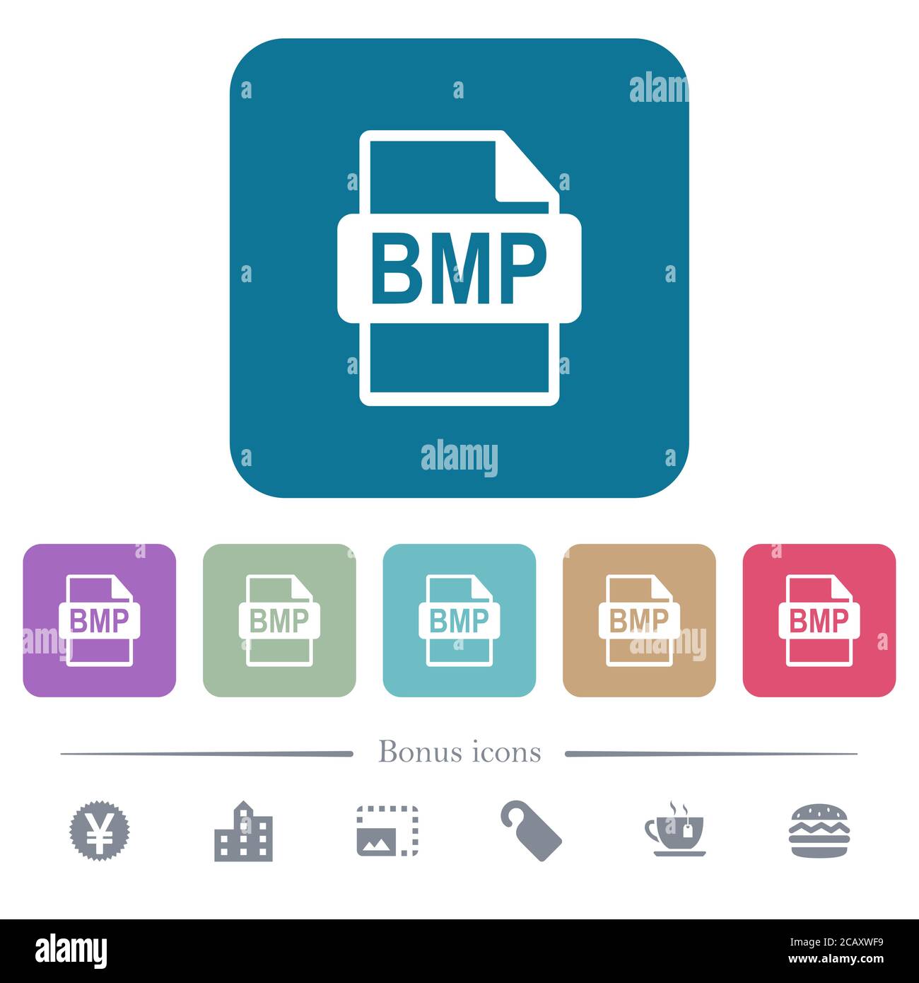 Format de fichier BMP icônes plates blanches sur arrière-plans carrés de couleur arrondie. 6 icônes bonus incluses Illustration de Vecteur