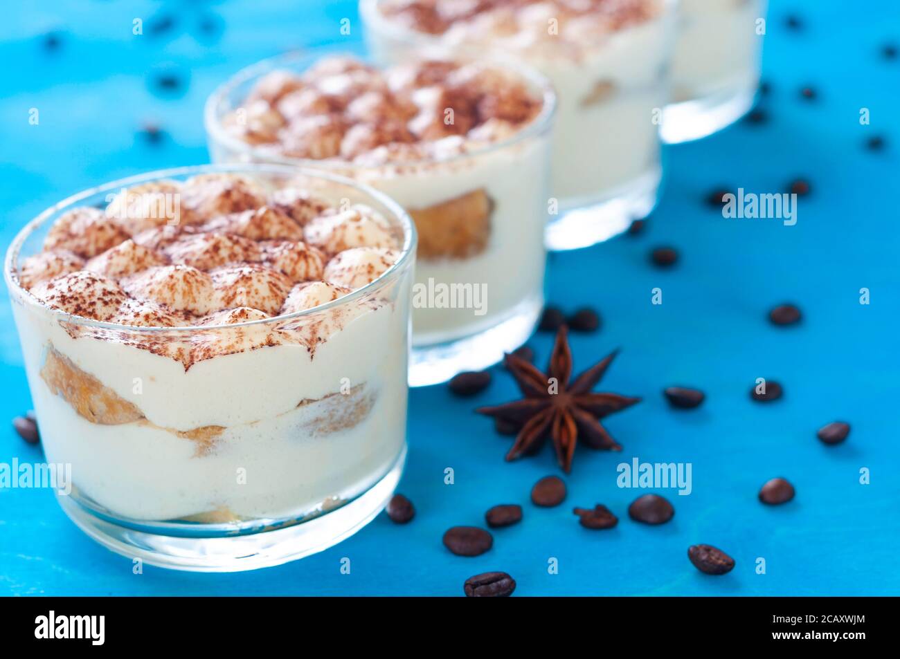 Tiramisu de dessert italien classique en verres, décoré avec de la poudre de cacao Banque D'Images