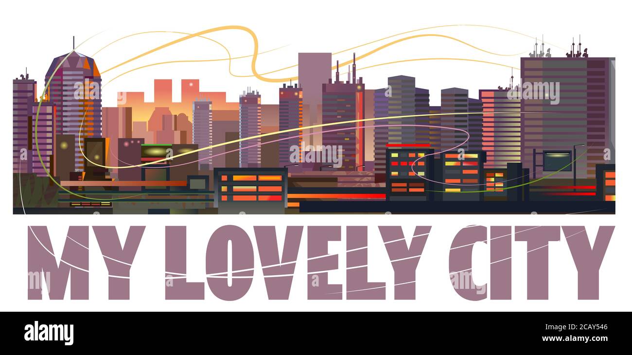 Ma belle ville. Vue nocturne sur la ville avec ondes radio et inscription. Ville préférée. Banque D'Images