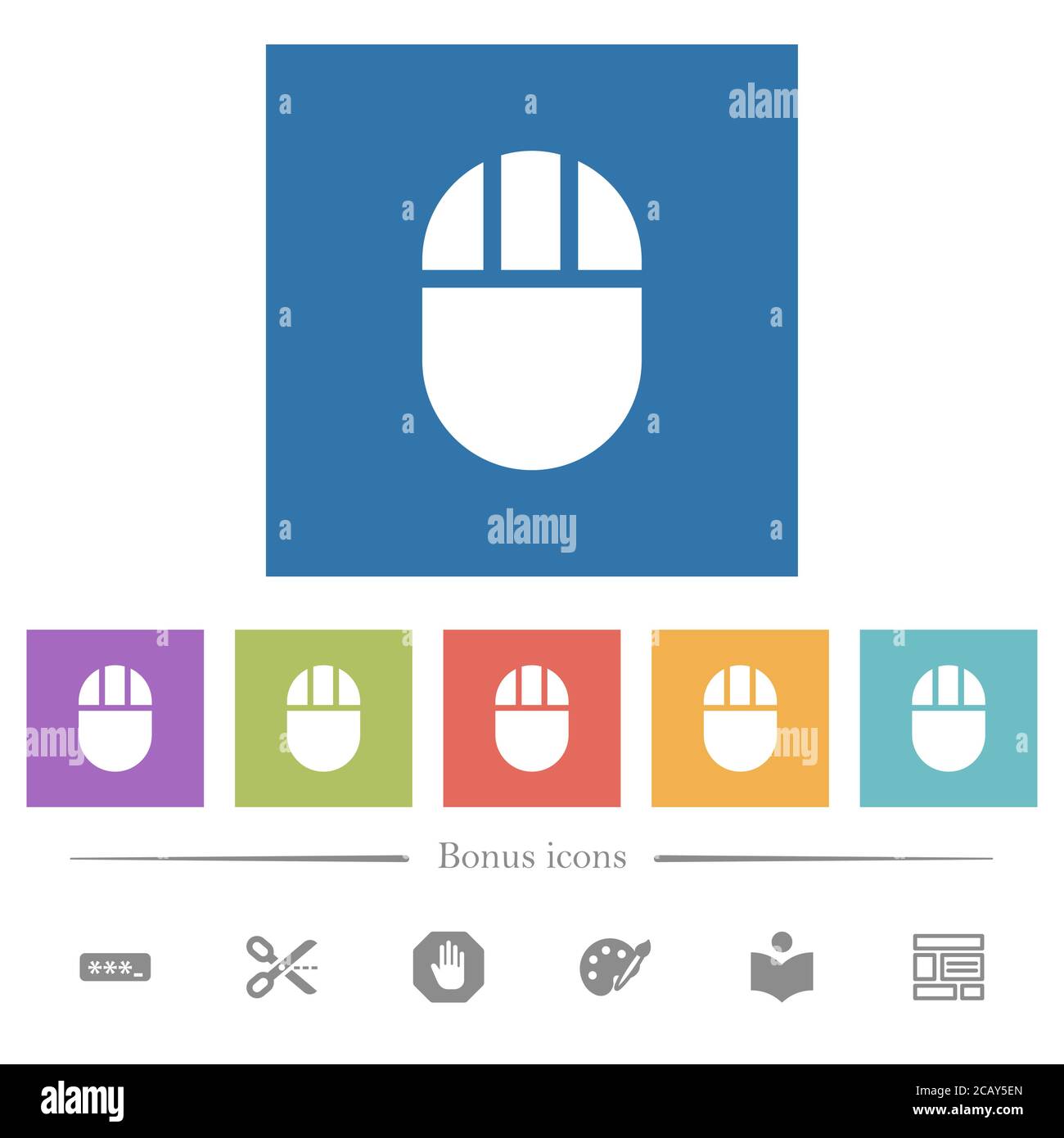 Trois icônes blanches plates de souris d'ordinateur boutonnées sur fond carré. 6 icônes bonus incluses. Illustration de Vecteur