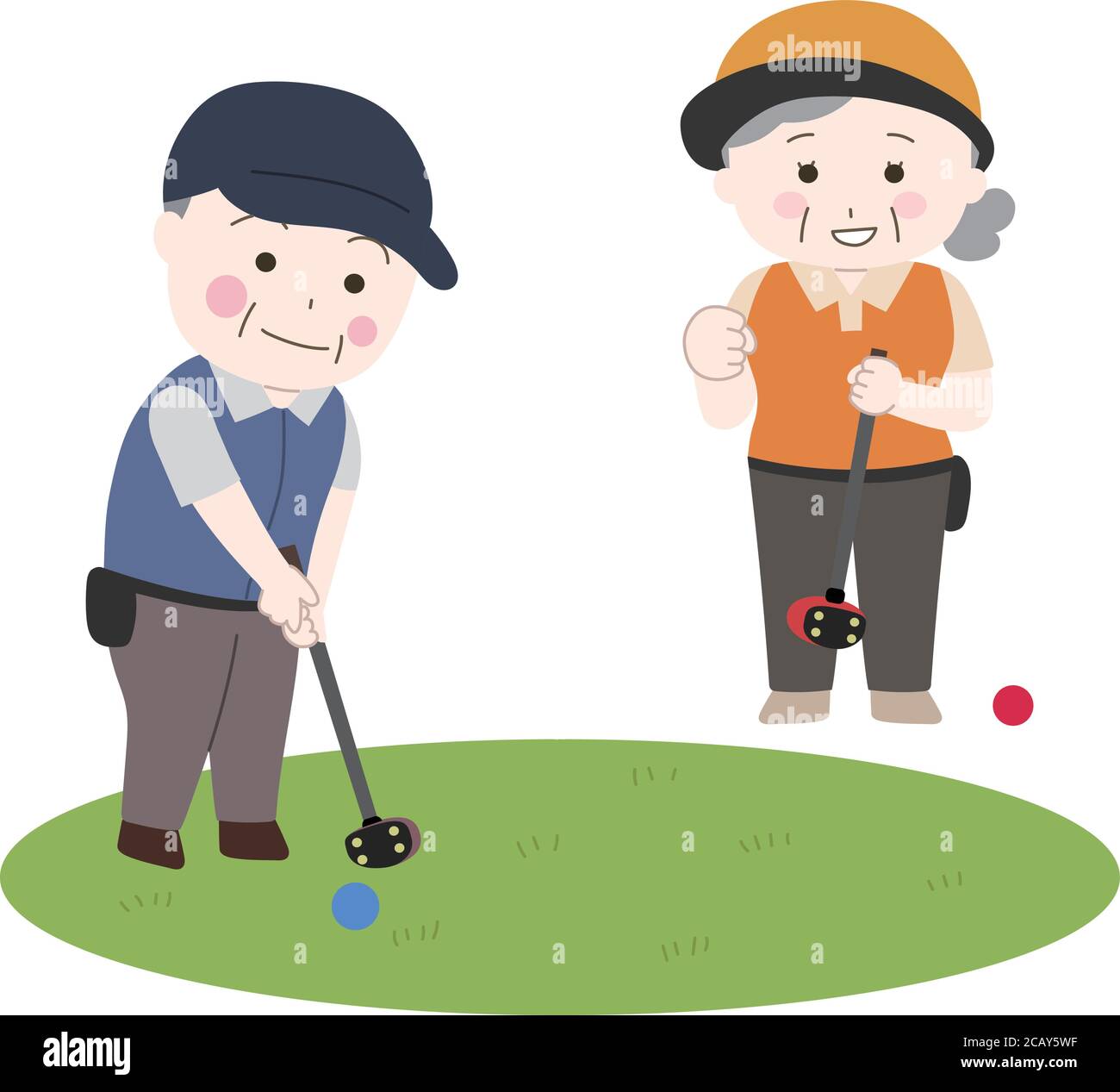 Illustration vectorielle isolée sur fond blanc sans lignes principales. Homme et femme âgés jouant au golf. Illustration de Vecteur