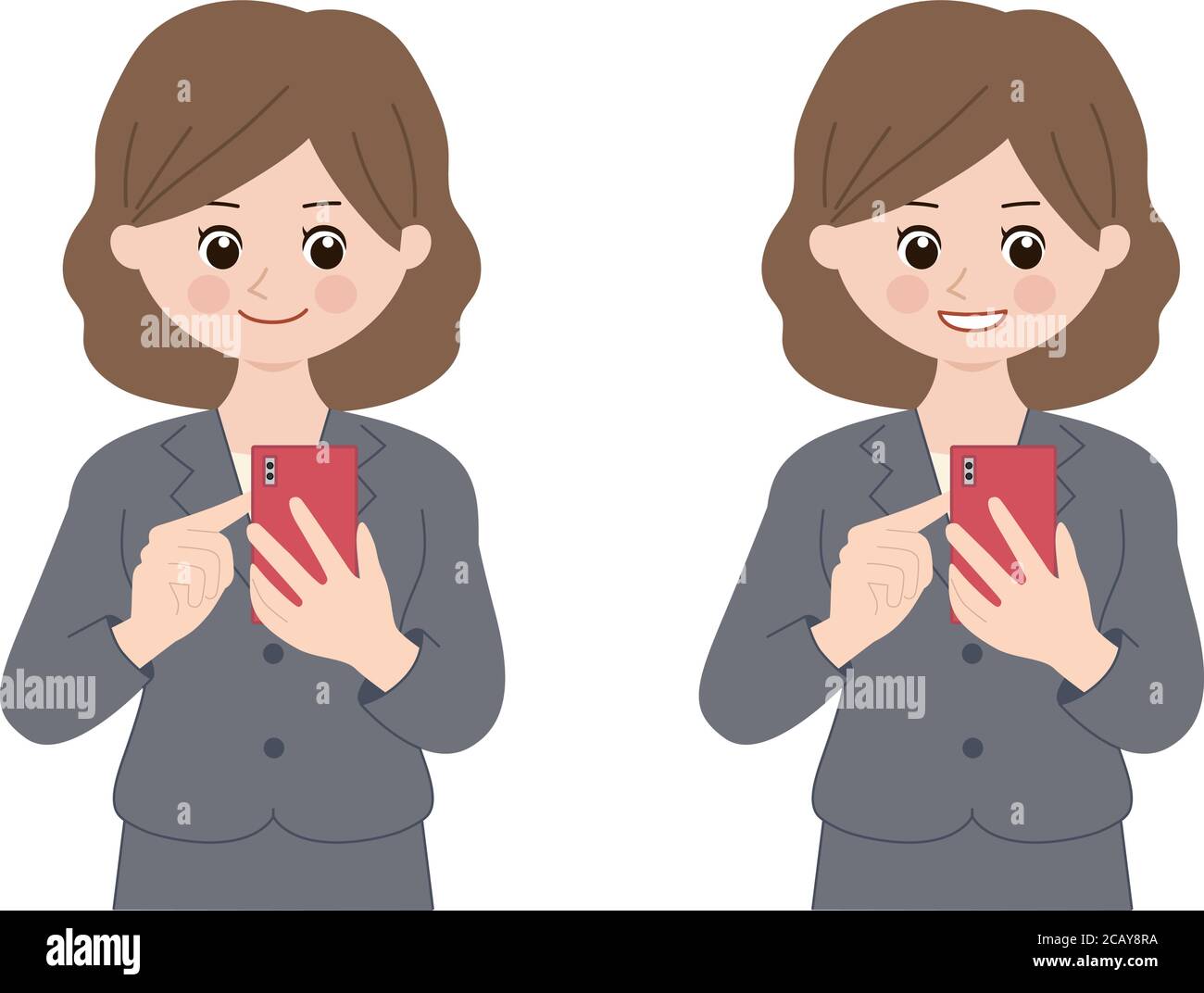 Femme d'affaires utilisant un smartphone mobile au bureau. Illustration vectorielle isolée sur fond blanc. Illustration de Vecteur