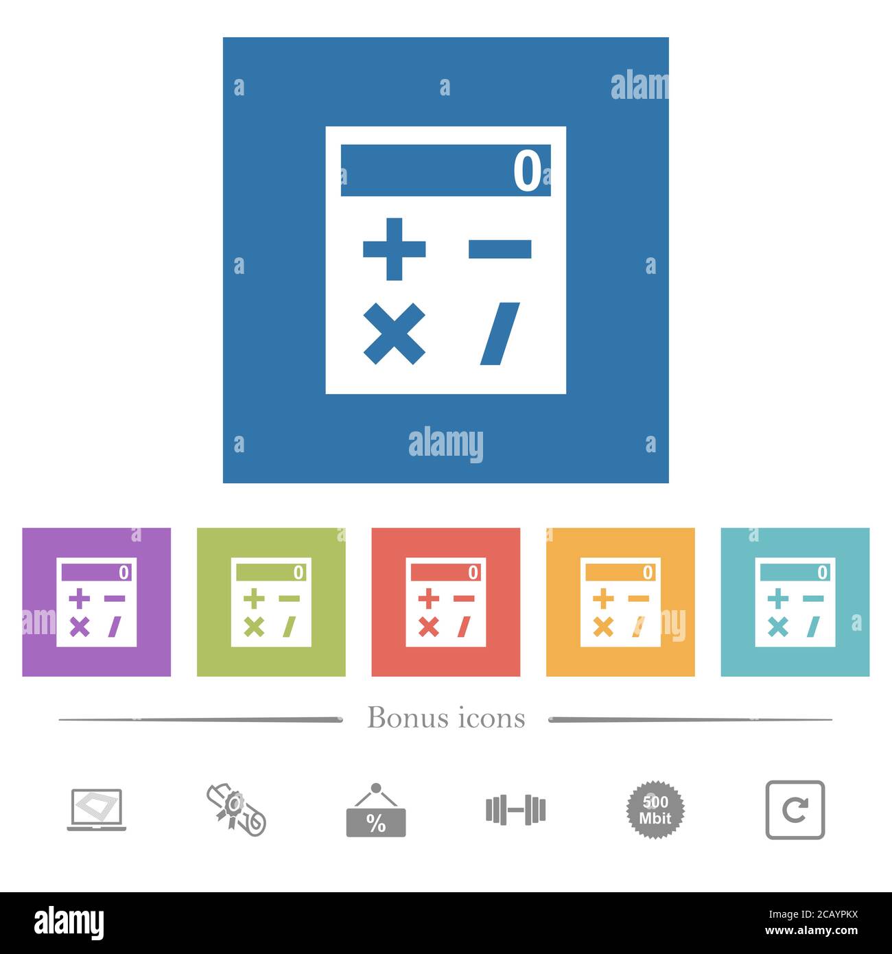 Calculatrice de poche icônes blanches plates sur fond carré. 6 icônes bonus incluses. Illustration de Vecteur