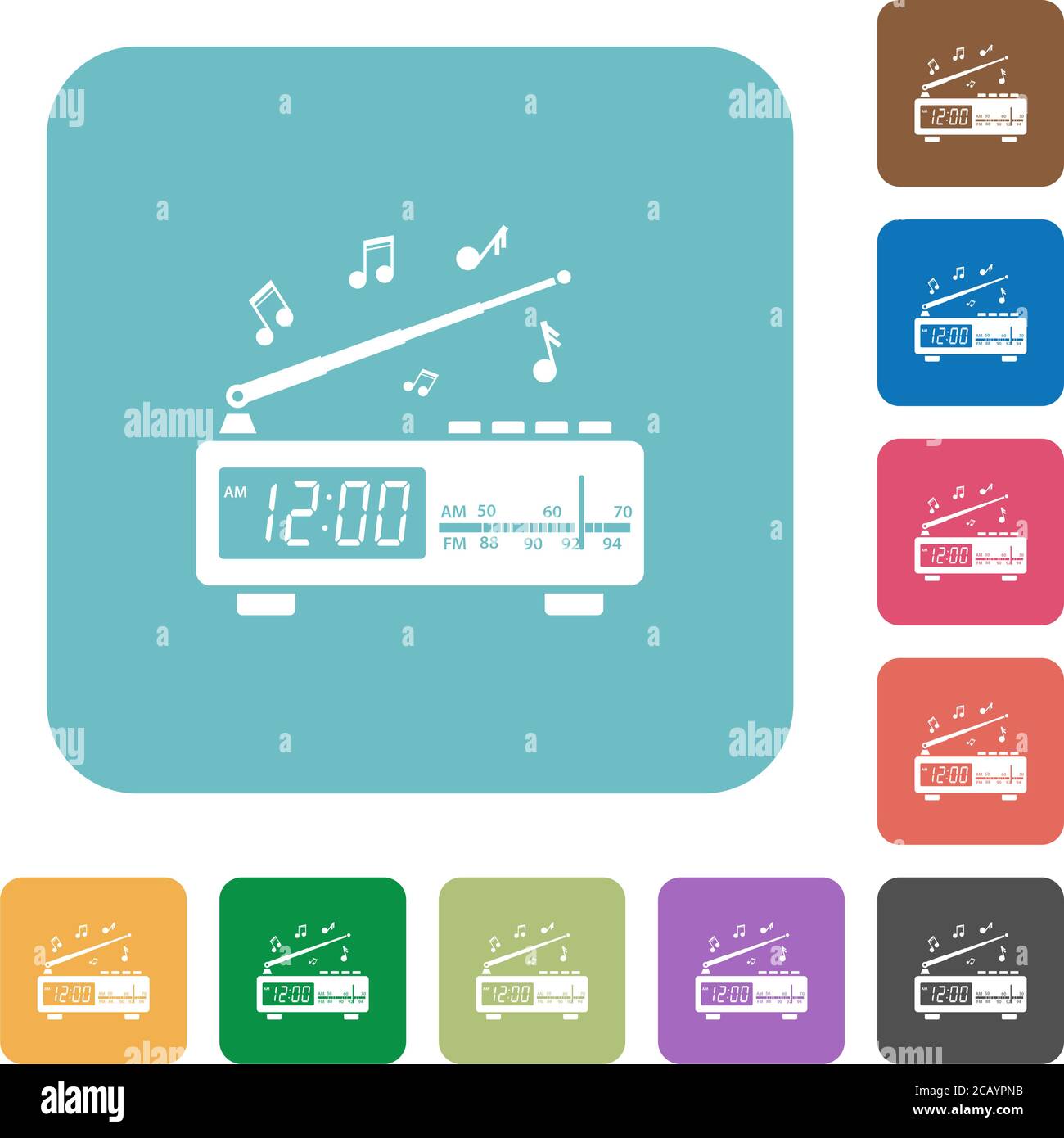 Radio-réveil vintage avec icônes plates blanches sur fond carré arrondi de couleur Illustration de Vecteur