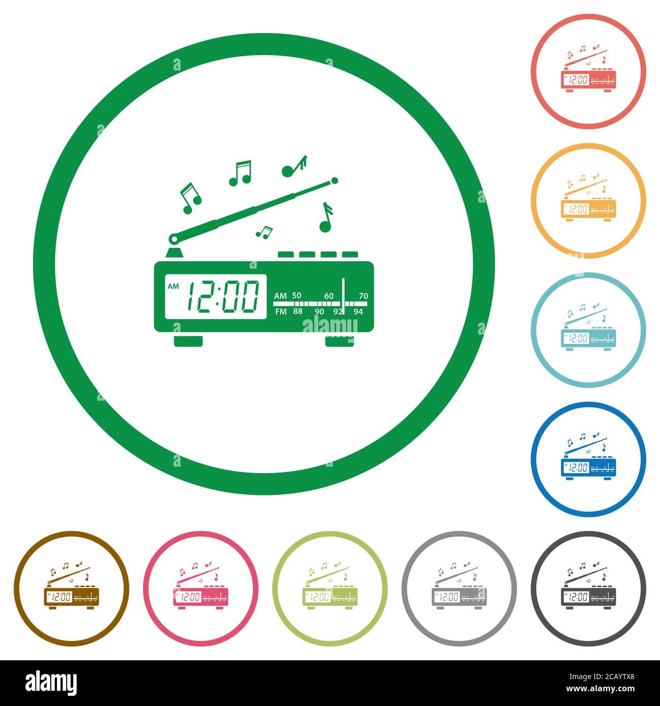 Radio-réveil vintage avec icônes de couleur plate de musique dans des contours ronds sur fond blanc Illustration de Vecteur