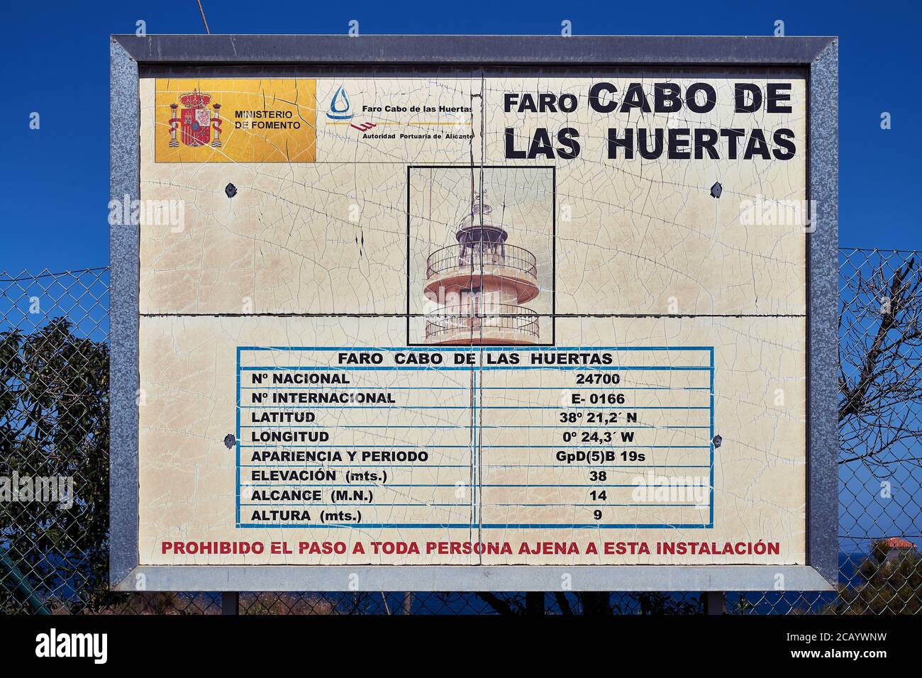 Un panneau avec des informations sur le phare du Cap Orchard (cabo de las huertas) Alicante, Espagne, Europe, juillet 2020 Banque D'Images