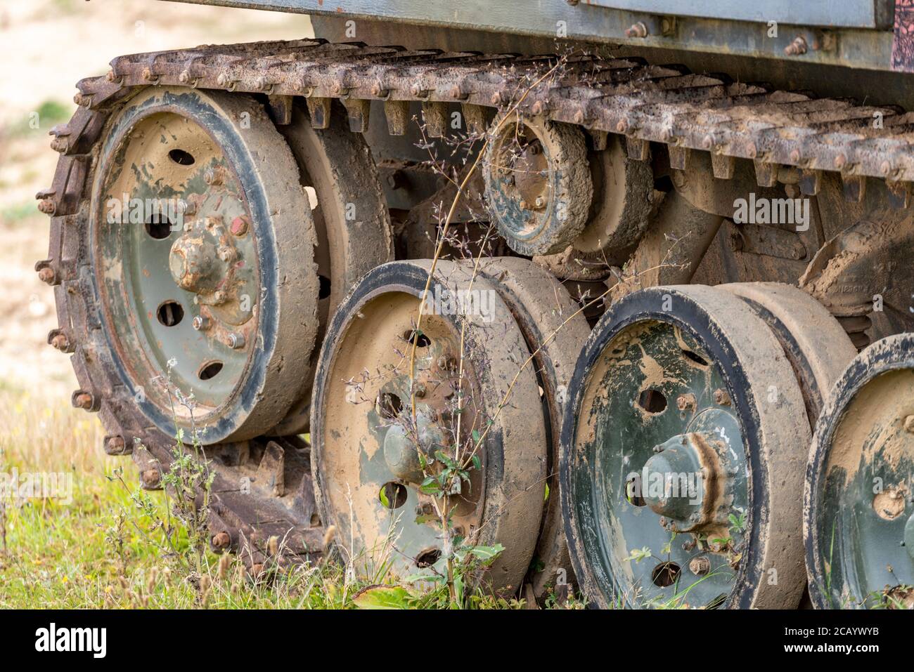 Réservoir de corrosion à l'Imperial War Museum, Duxford, Cambridgeshire, Royaume-Uni. Véhicule de combat blindé, AFV, en herbe longue. Véhicule blindé de transport de personnel, APC Banque D'Images